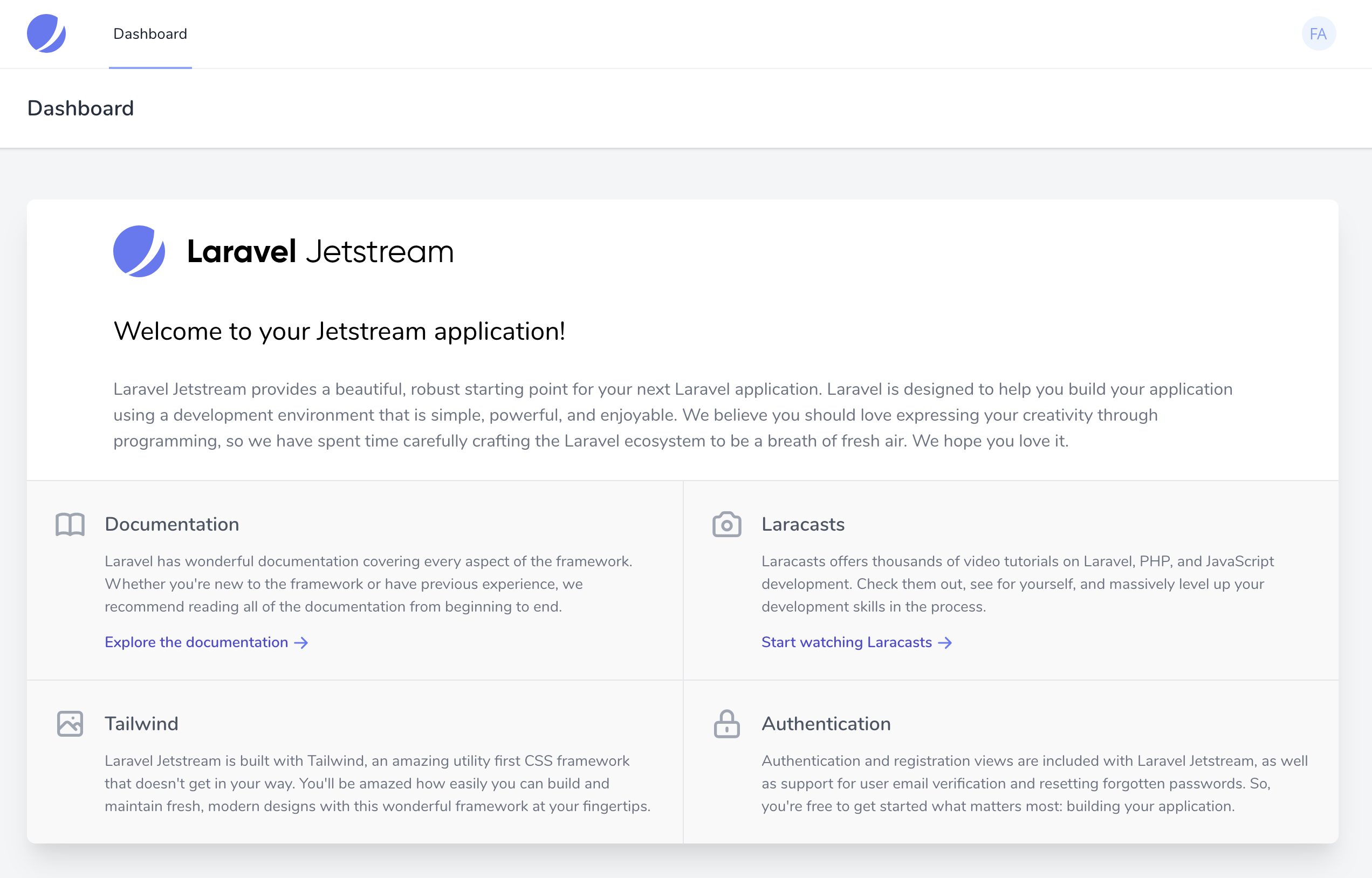 Page dashboard avec JetStream